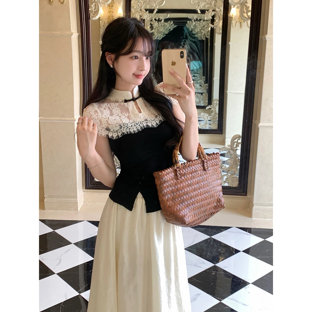 复古时尚蕾丝拼接短袖T恤女夏季新中式国风高级感别致超好看上衣