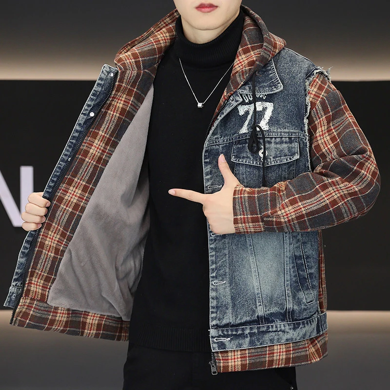 弗基马奇加绒加厚连帽休闲男士复古拼接宽松痞帅韩版水洗牛仔外套