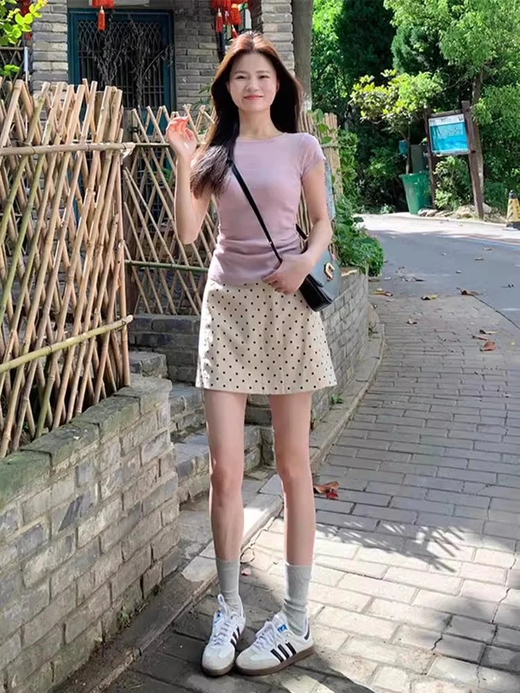 紫色正肩短袖t恤女夏季小个子设计褶皱收腰短款上衣两件套装
