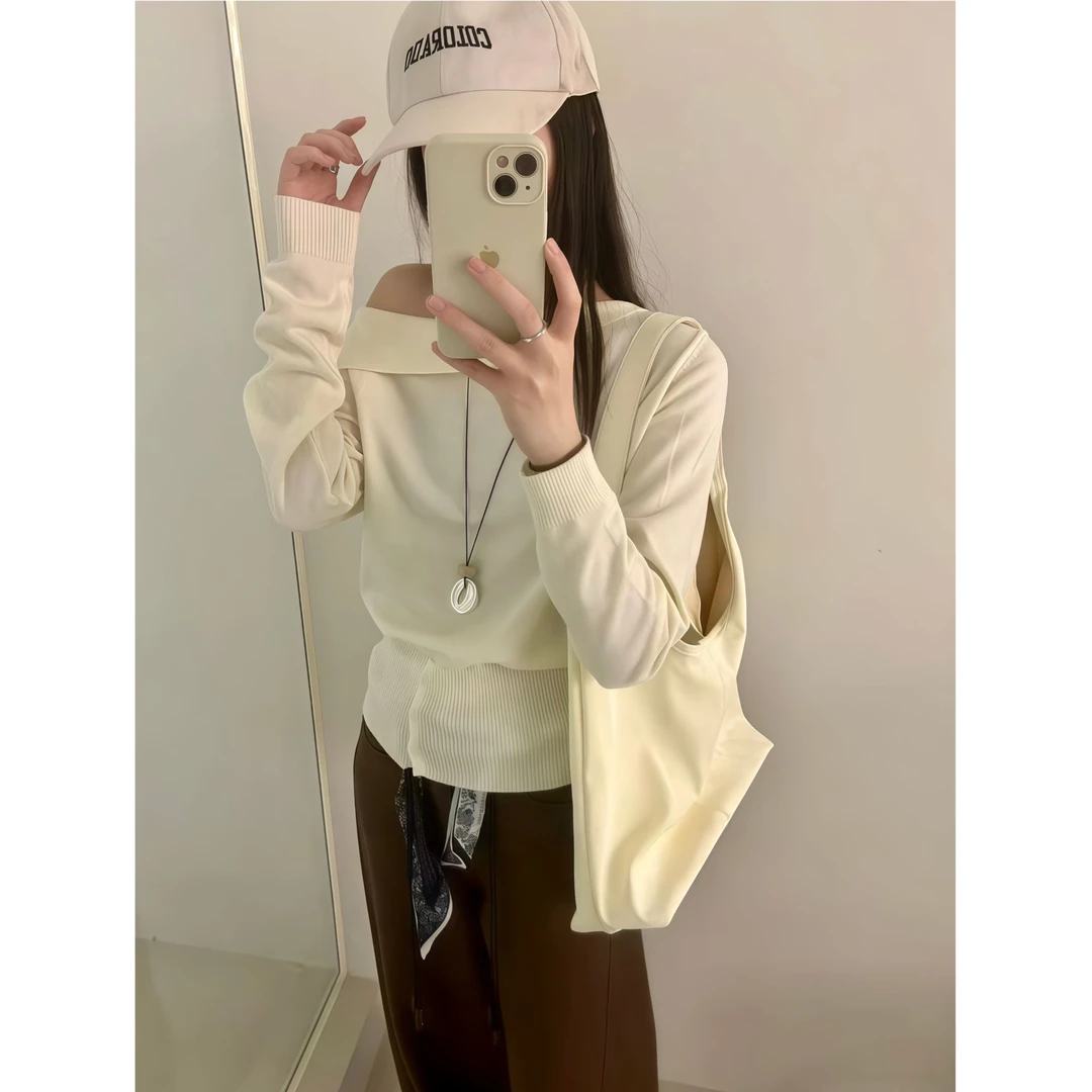 辣妹斜肩一字领针织衫女秋季新款打底衫内搭毛衣高级感上衣显瘦