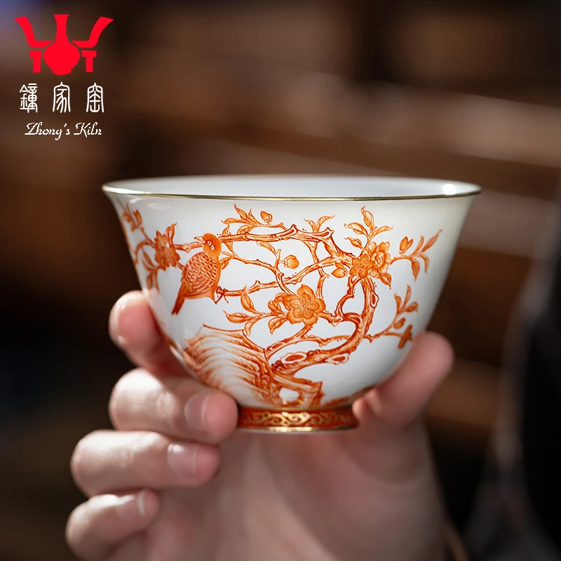 钟家窑主人杯单杯景德镇陶瓷茶具手工手绘矾红描金喜上枝头撇口杯