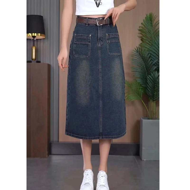 A墨黛蓝a字秋款显瘦半身裙女装牛仔高腰时尚百搭复古后开叉中长款