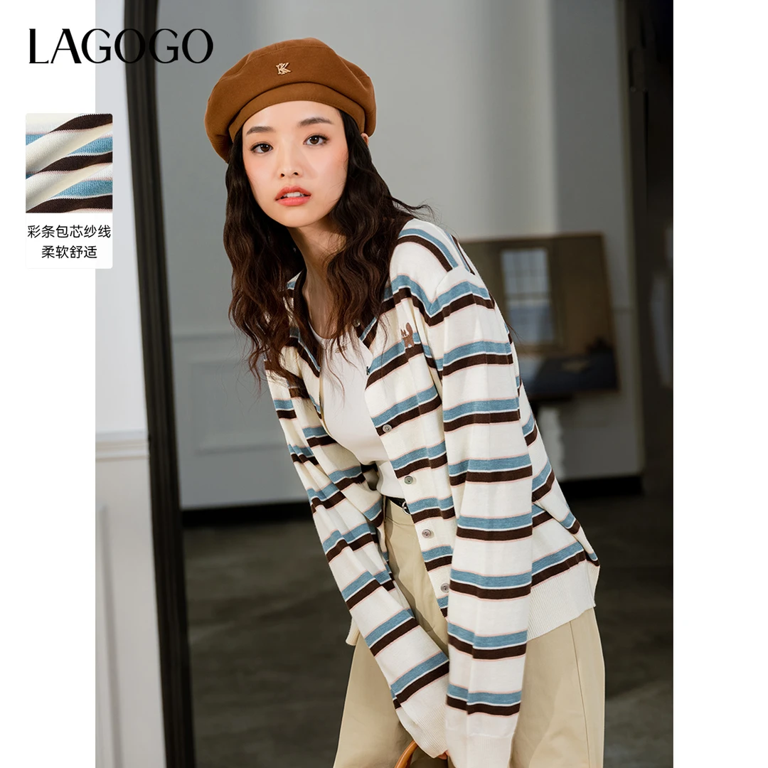 【大叔专享】lagogo2025年新款圆领舒适气质条纹针织衫女OAMM421G28