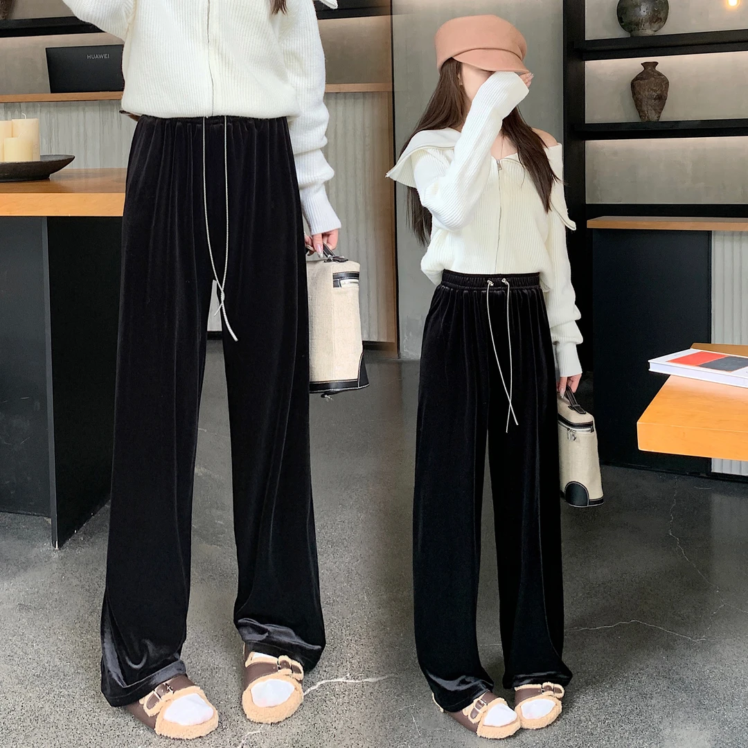 LXM大码女装 腰70-106 新款黑色垂感金丝绒阔腿裤7535#