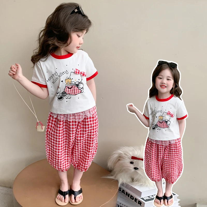女童猫咪休闲套装2025新款儿童夏装韩版洋气女宝宝夏季时髦两件套