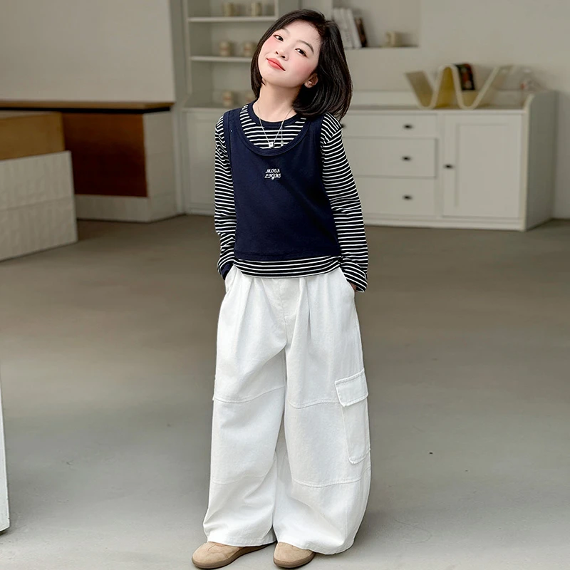 女大童春秋款套装2025新款儿童洋气女孩休闲条纹打底衫马甲工装裤