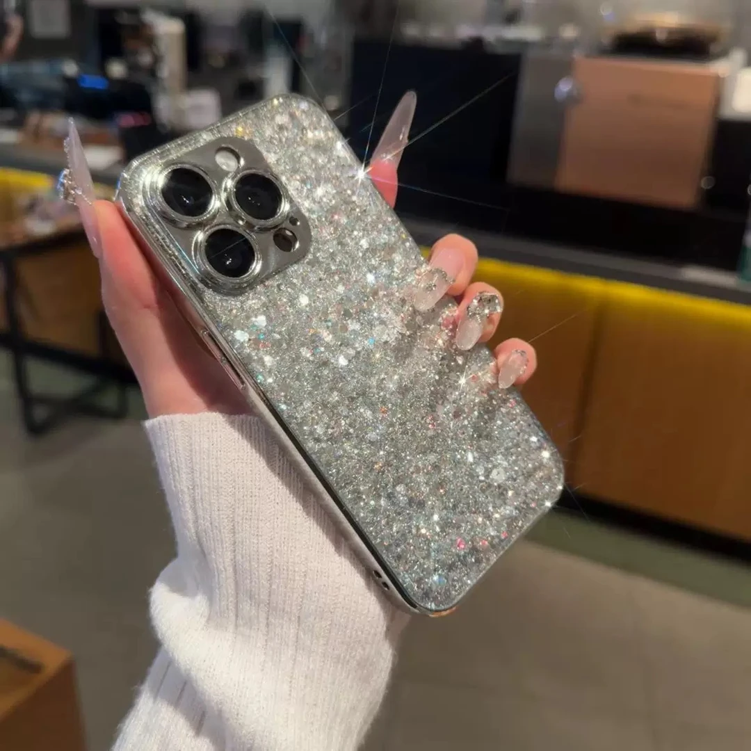ins奢华银色闪粉高级适用iphone16promax手机壳电镀软壳14/15