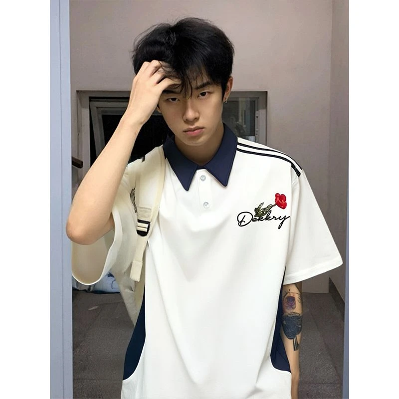 labzaa美式拼接撞色翻领polo衫男女夏设计感字母印花宽松情侣上衣