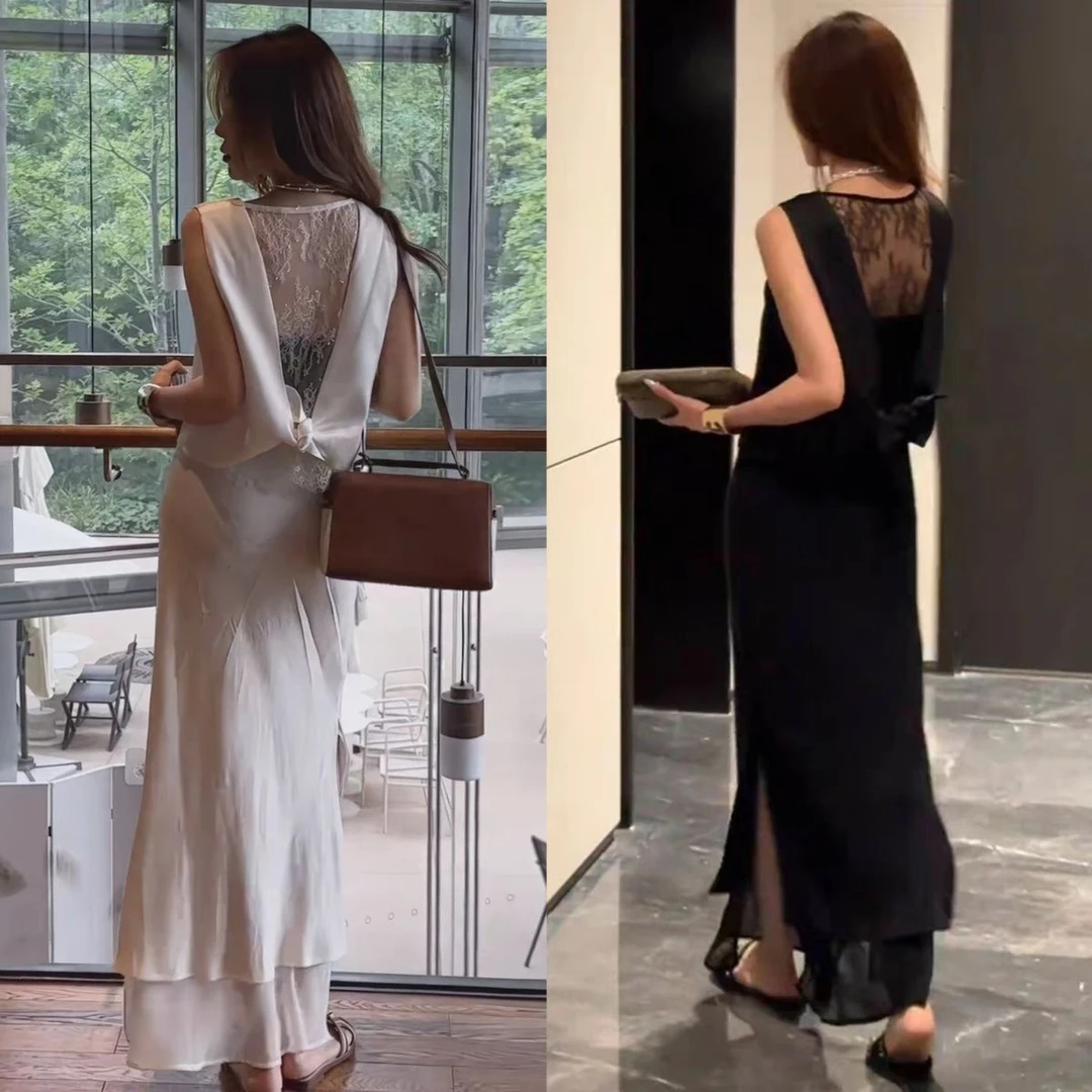 法式时尚连衣裙女2025夏新款纯色显瘦蕾丝美背无袖上衣半身裙套装