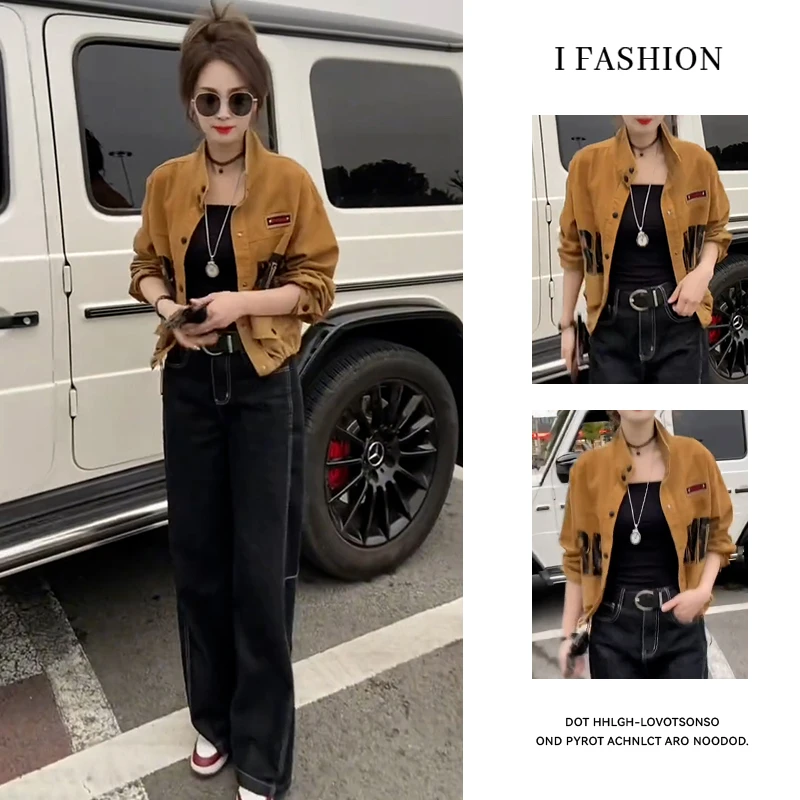 纯棉时尚立领牛仔短外套女2025秋季新款韩版洋气字母短款夹克上衣