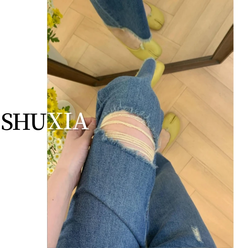 【现货】夏季破洞裤大码女装显瘦遮胯直筒九分毛边牛仔裤薄