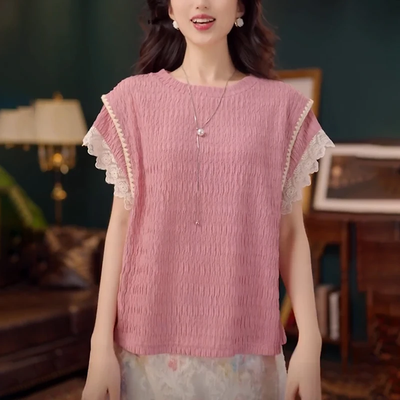 蕾丝花边拼接粉色t恤女2025夏季洋气减龄别致褶皱高级感短袖上衣