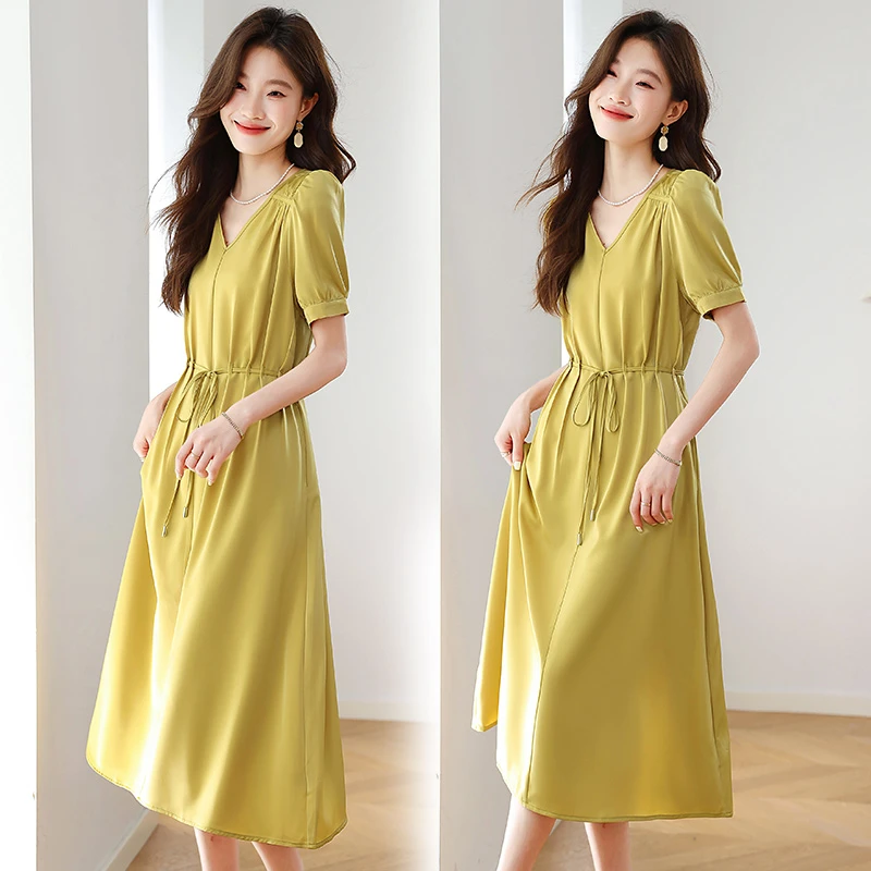 法式V领醋酸连衣裙女2025夏季新款高级感收腰显瘦气质中长款裙子