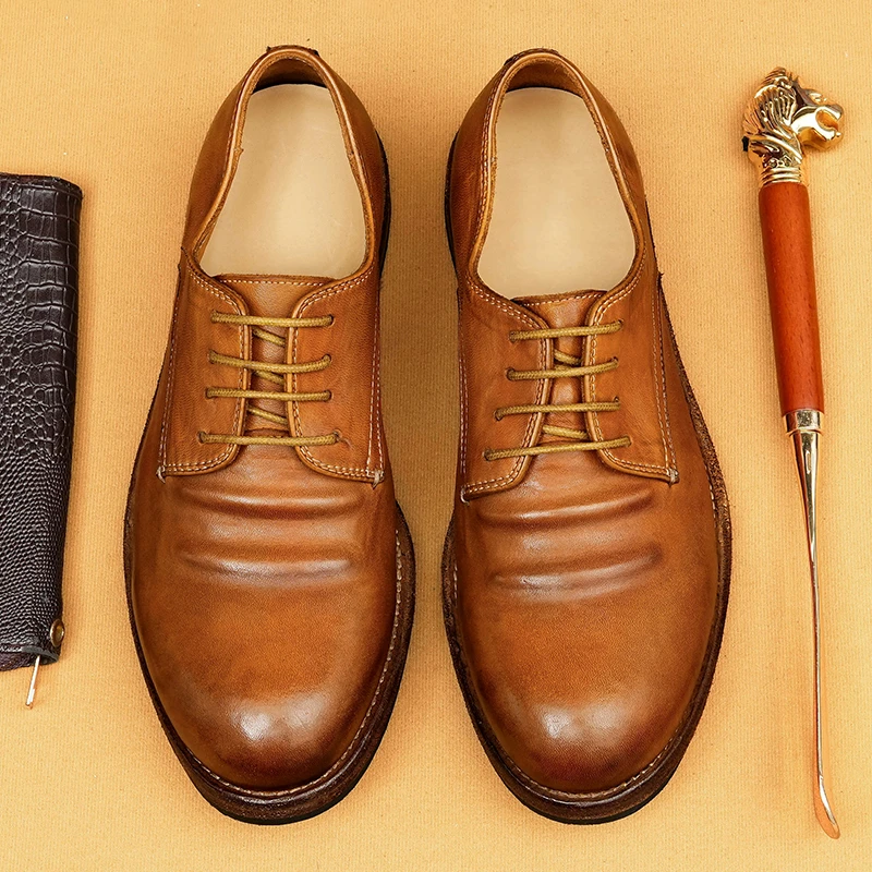 网红爆款商务休闲马皮鞋男2025新款真皮水洗固特异手工大头德比鞋