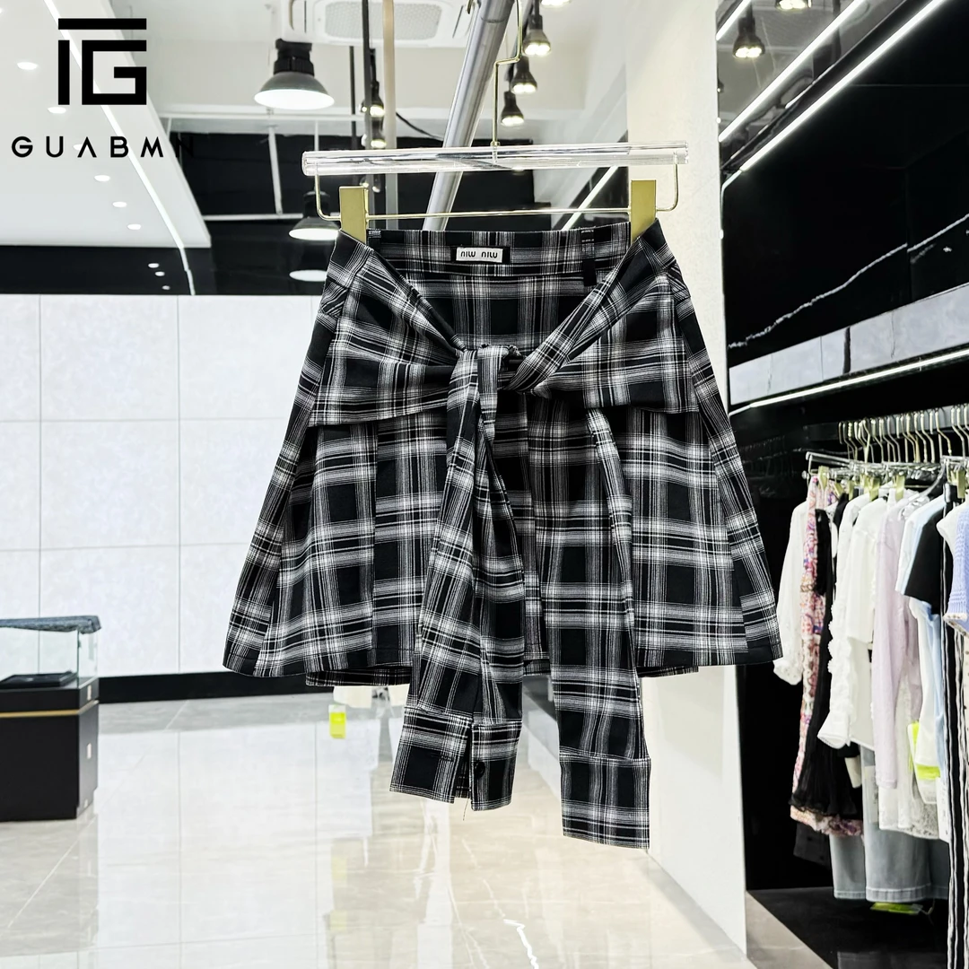 GUABMN2025夏季新品高级系带高腰A字格子半身短裙夏日穿搭5309