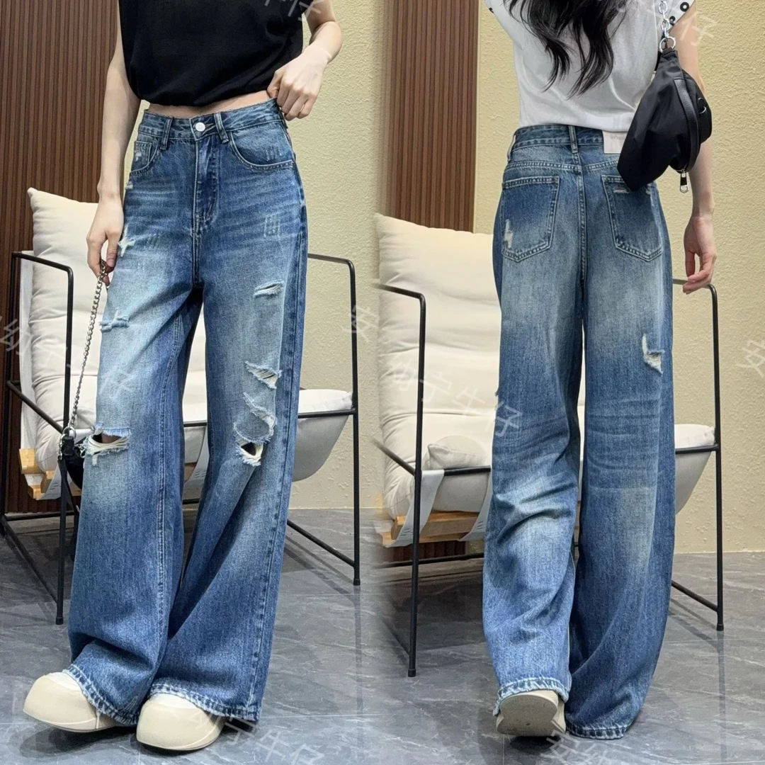 破洞复古蓝水洗休闲牛仔裤女夏新款高腰宽松显瘦百搭直筒阔腿裤子