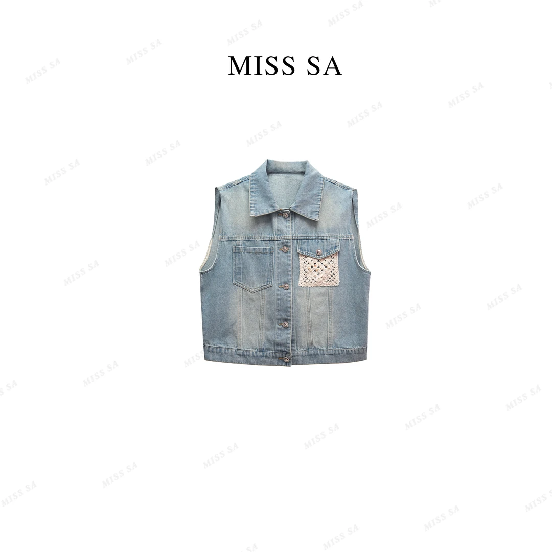 MISS SA 夏季气质百搭镂空蕾丝口袋装饰牛仔马甲外套 25038517