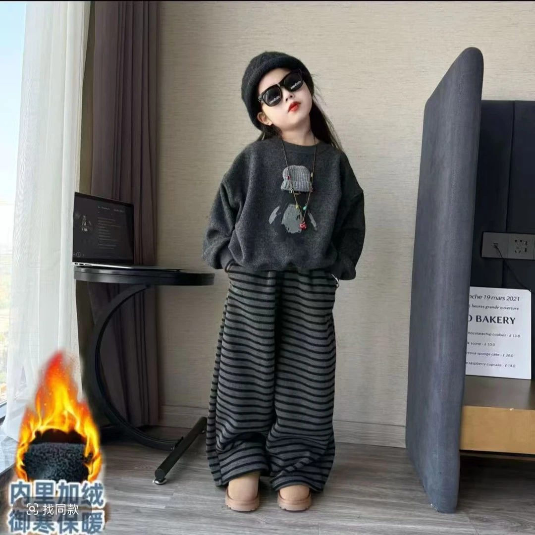 新款2025加绒加厚条纹冬季女童秋冬套装洋气休闲时尚韩版运动套装