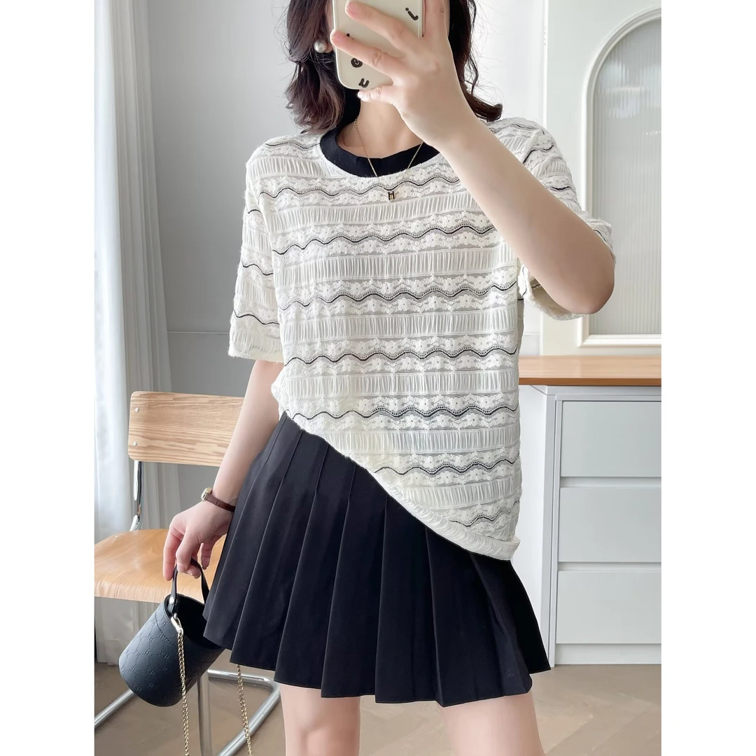 大码女装 胸104-128 相色园领花边T恤394#