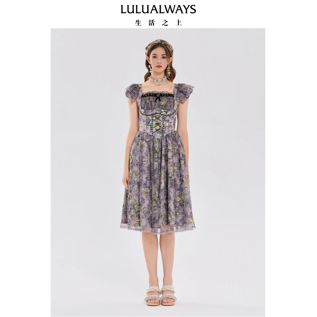 LULUALWAYS25夏季新款复古方领珍珠蕾丝花边连衣裙小个子