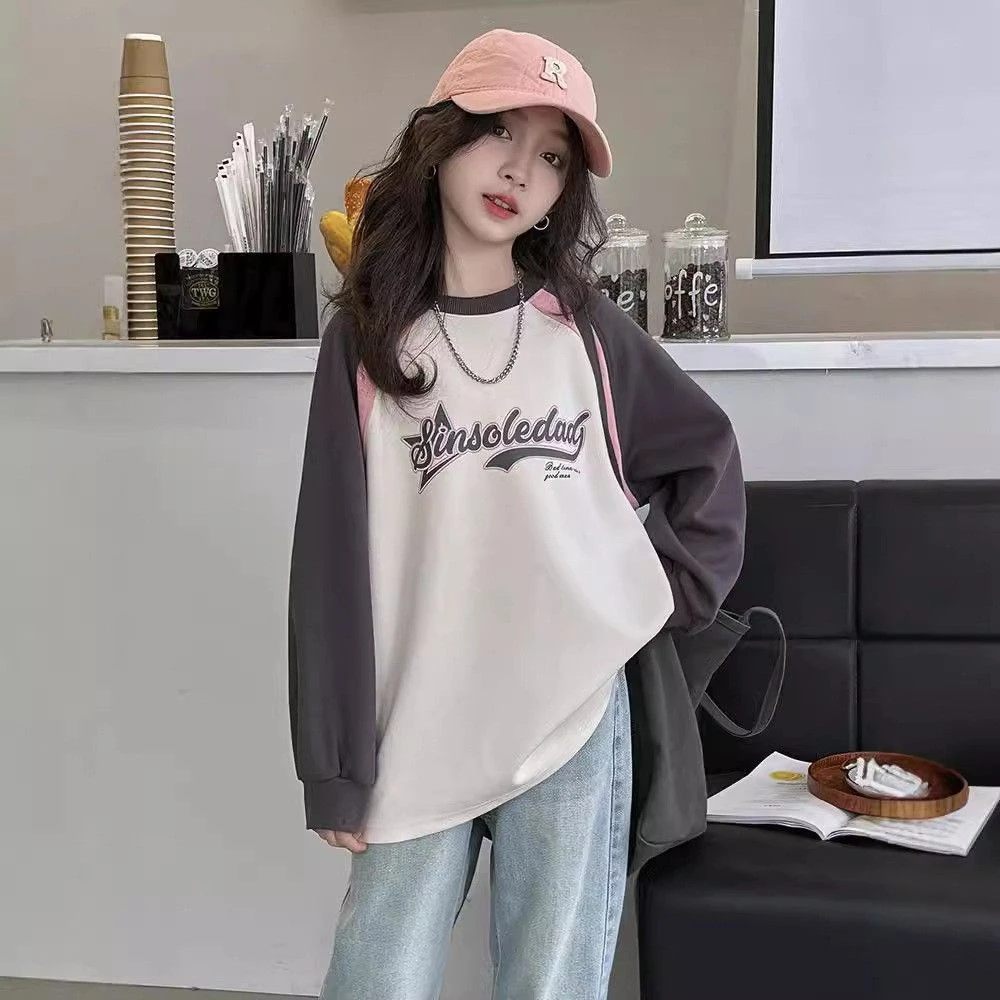 女童拼接卫衣春秋新款洋气时髦炸街秋装宽松中大儿童女孩插肩上衣