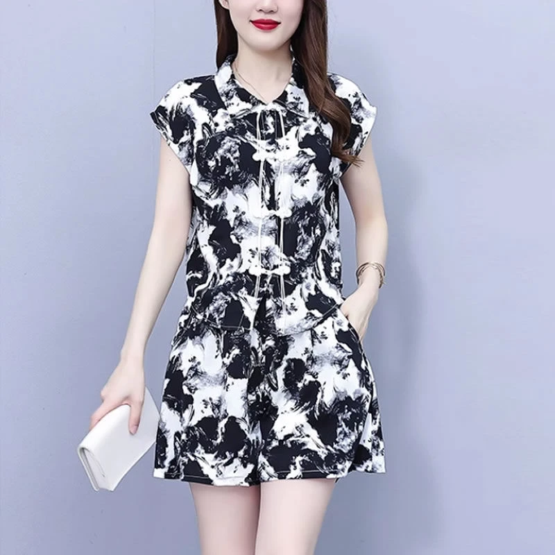 2025夏季新款时尚国风盘扣水墨画印花休闲复古大码桌面镜子化妆镜