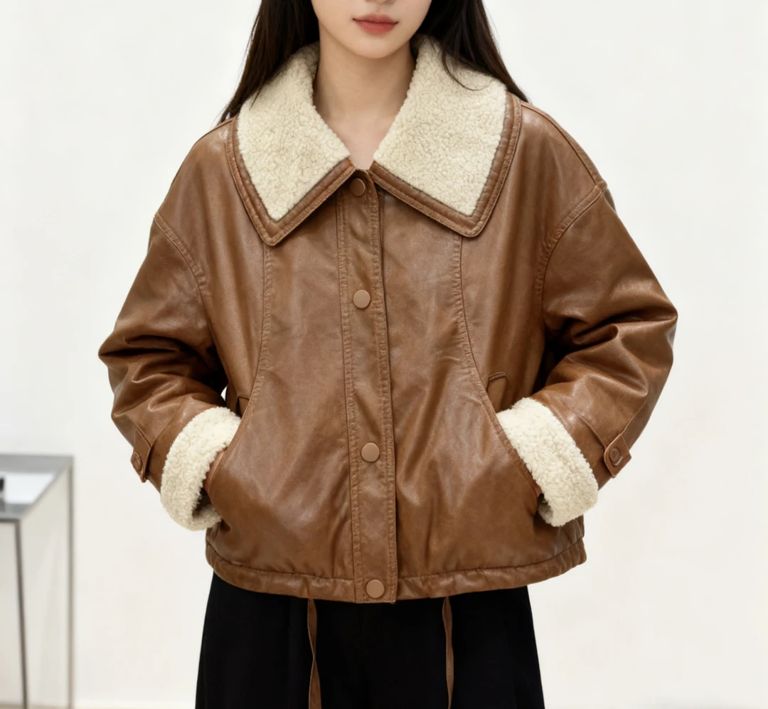 复古皮毛一体短款外套女冬季2025新款韩系保暖羊羔毛高级感棉服