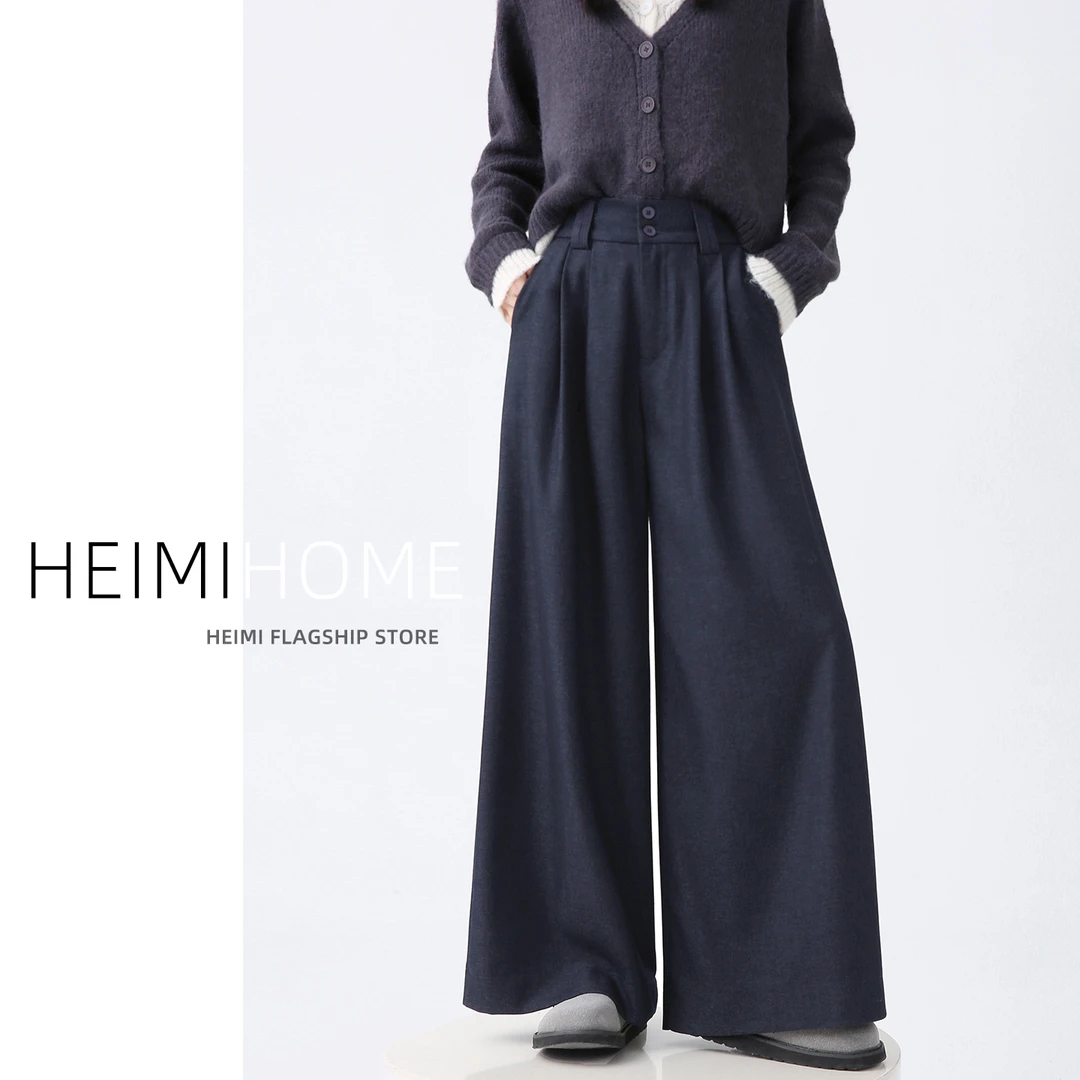 高级感藏青色双扣高腰阔腿裤女春秋季小个子直筒裤仿牛仔休闲长裤