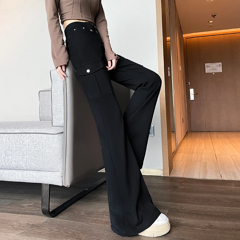 黑色工装喇叭牛仔裤女2025秋季新款高腰显瘦设计感修身美式马蹄裤