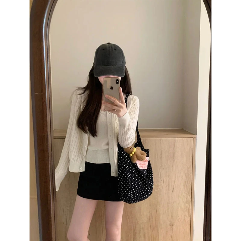 韩版针织开衫两件套套装女外穿百搭慵懒风麻花毛衣外套直筒半身裙