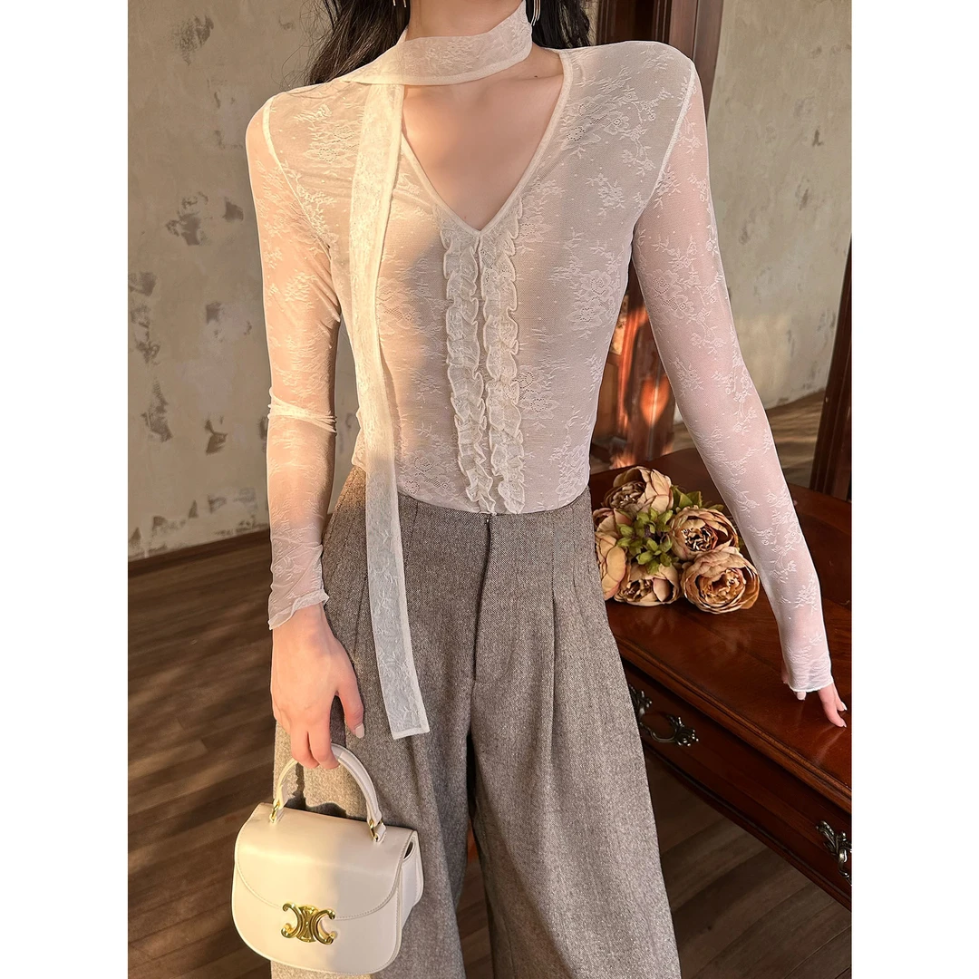 JIJINQI复古法式双层蕾丝设计感飘带长袖显瘦气质上衣JD12SZQM517