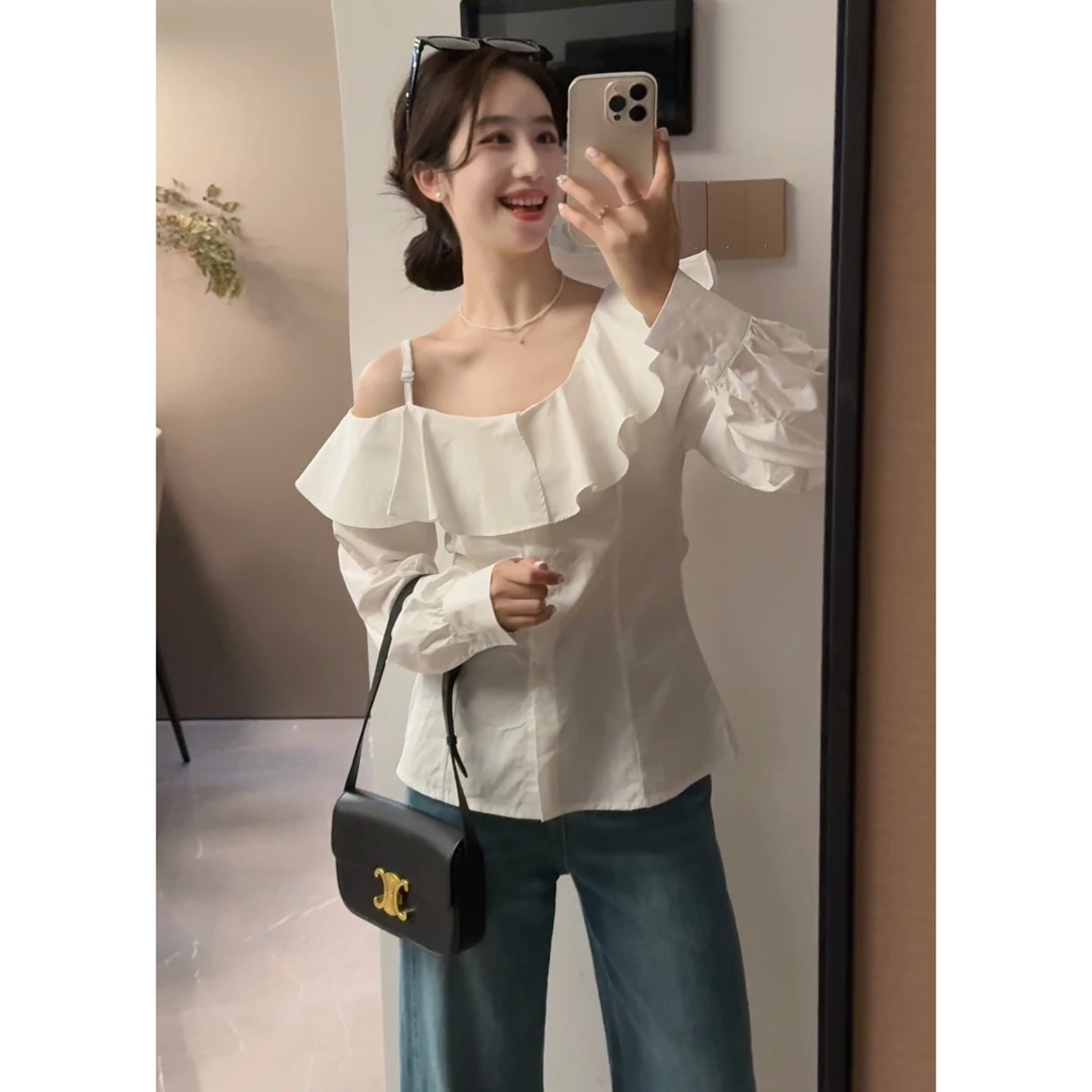 【微风岛屿】气质法式斜肩荷叶边收腰显瘦春季女衬衫上衣