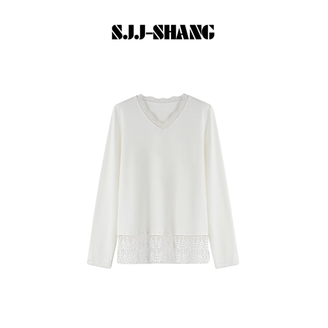 SJJ-SHANG【温泉蕾丝】蕾丝拼接V领细腻纹理高级感T恤上衣q136247p