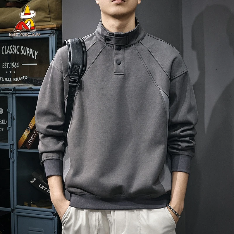 Mexican/稻草人秋季重磅立领卫衣男款美式宽松大码运动休闲上衣潮