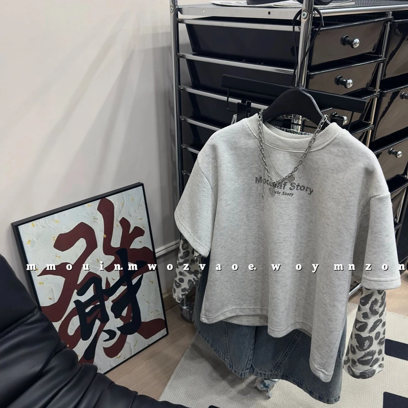 儿童2025新款韩版春装男童豹纹假两件卫衣