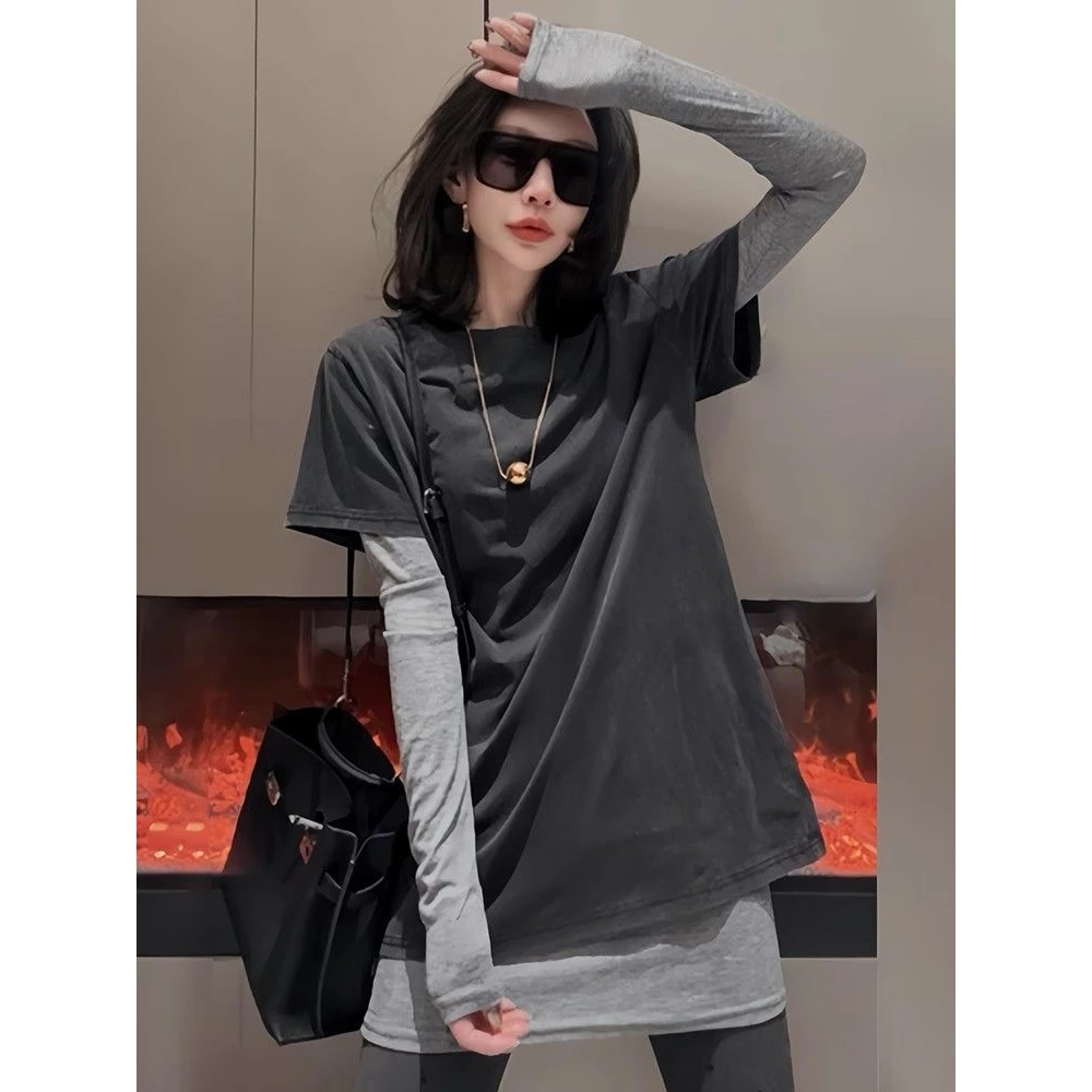 新款春秋真两件叠穿长袖恤女撞色显瘦韩版洋气中长款圆领上衣