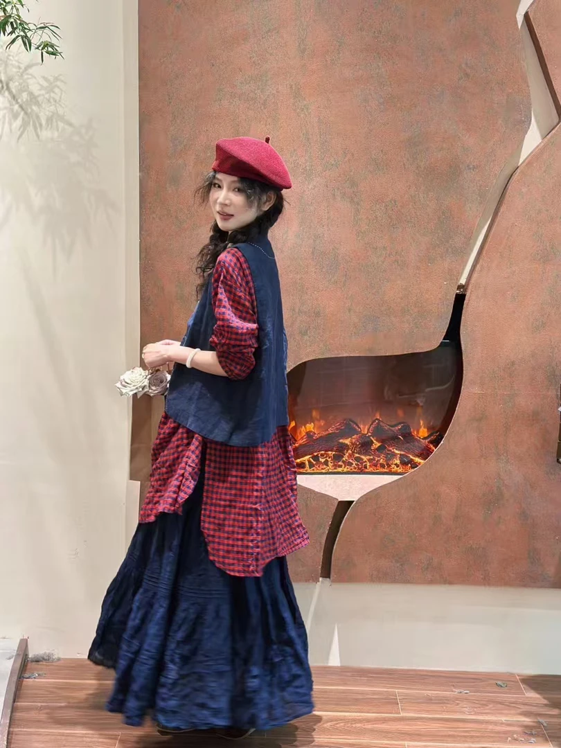 日系宽松花苞松紧腰大码格子上衣