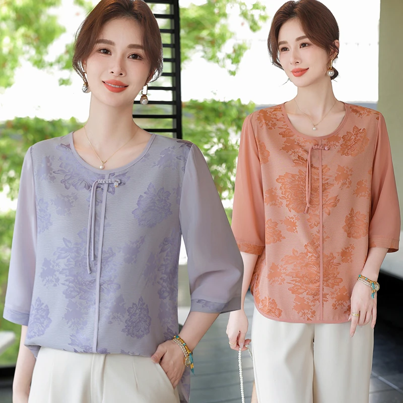 中年妈妈2025夏装新款洋气短袖上衣40岁中老年女夏季雪纺小衫套装