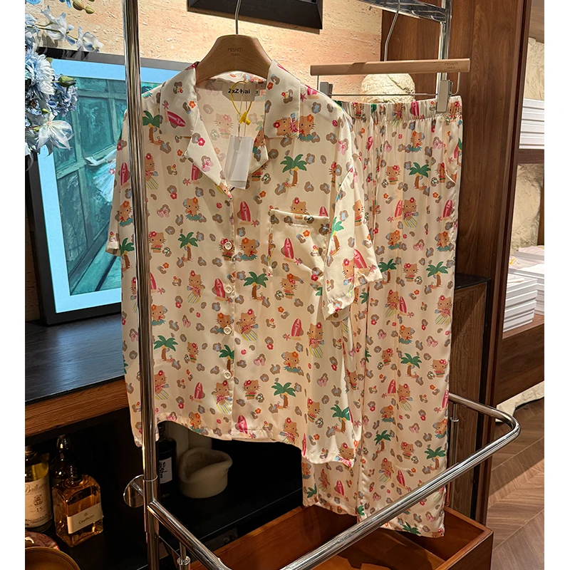 米诗缇【夏威夷Kitty猫短袖长裤】 小众设计师可外穿短袖短裤家居服