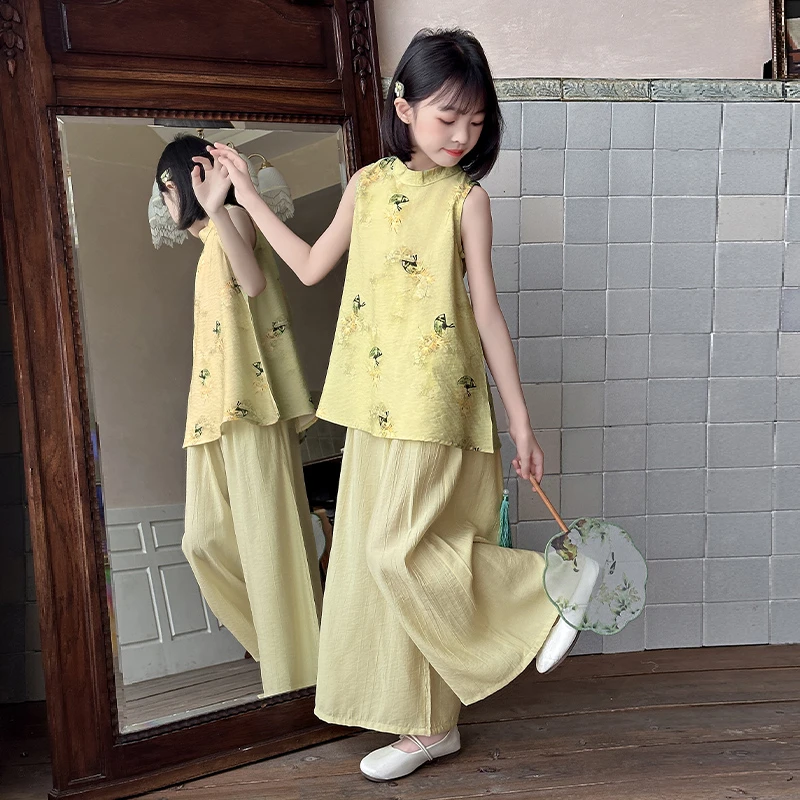 女童夏季国风套装儿童新中式无袖旗袍洋气阔腿裤中大童复古两件套