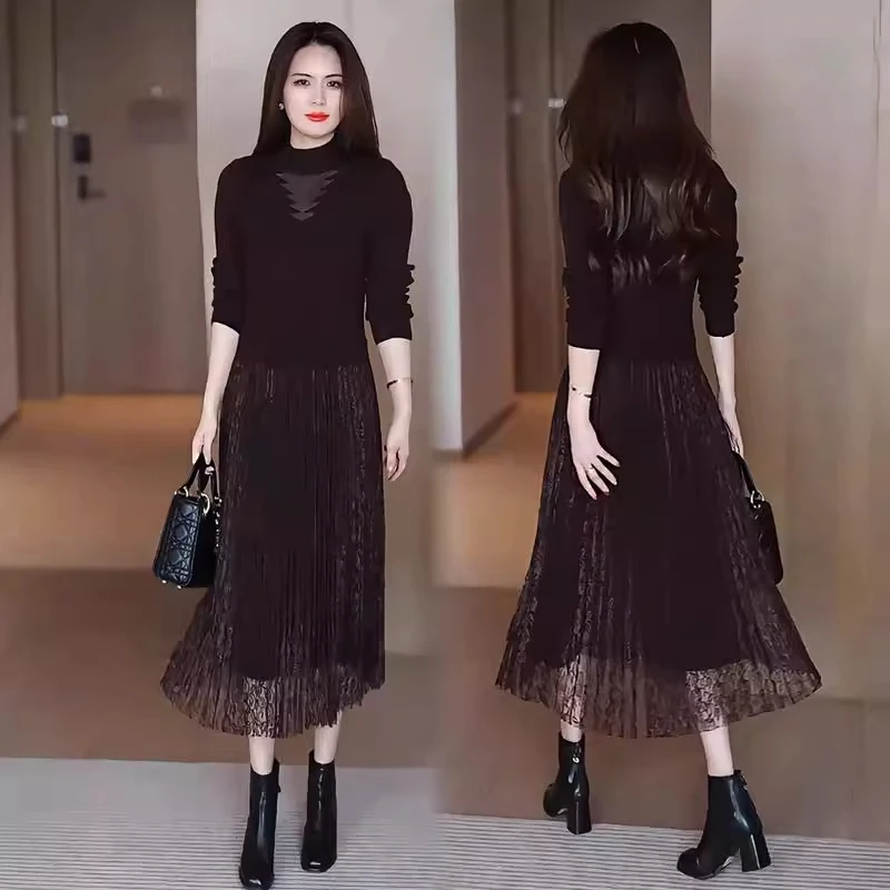 拉夏贝尔针织连衣裙女2025春秋新款时髦洋气中长款显瘦气质A字裙