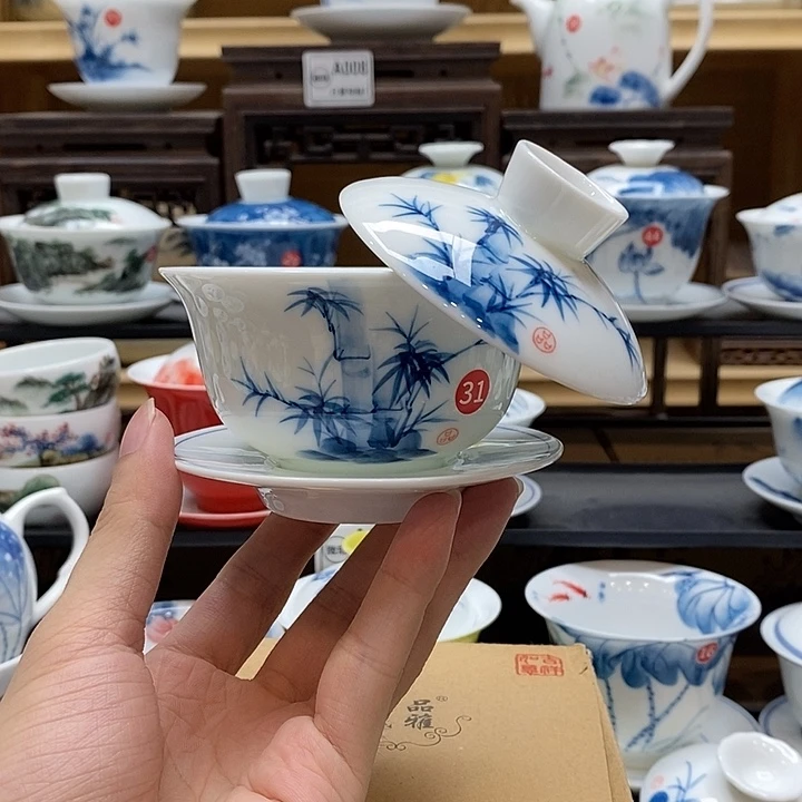 手绘竹子悬停盖碗150cc釉下彩微瑕福利款