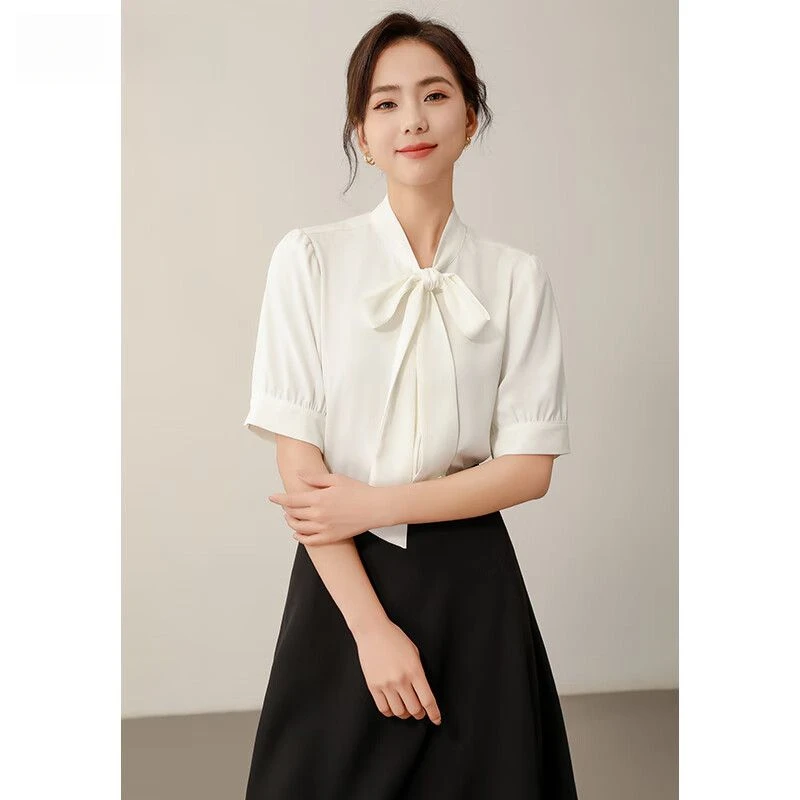 KALUOLAI/卡洛莱蝴蝶结白色衬衫女夏季短袖小众飘带雪纺气质上衣