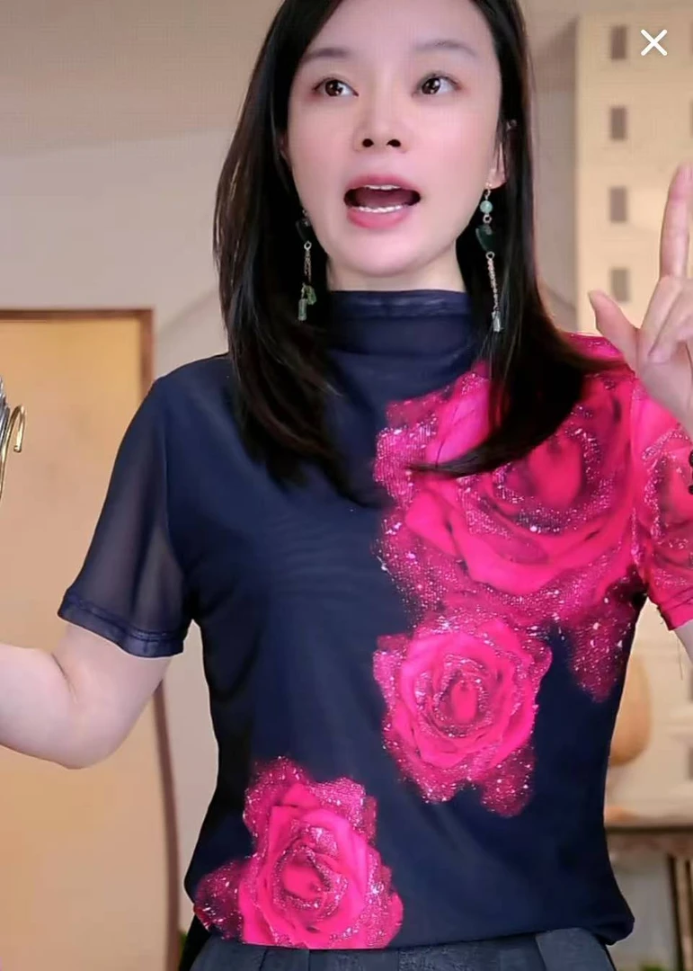 网纱高领大花小衫-X