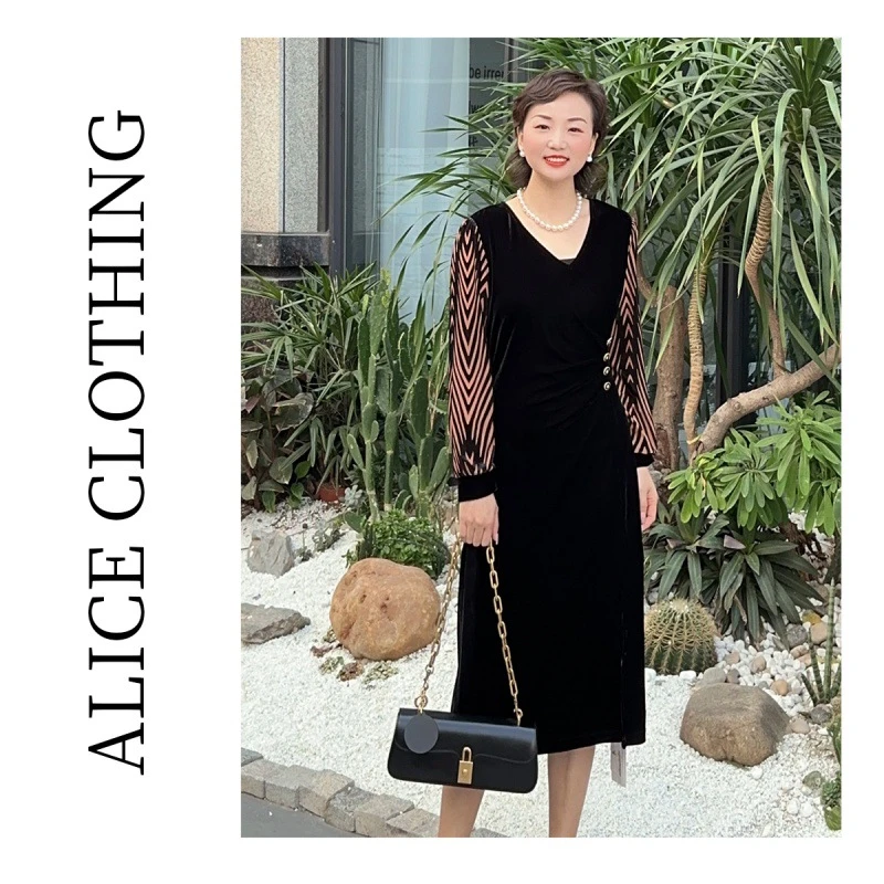 4alicelulu“小腰漫舞”拼接连衣裙褶皱显瘦华美丝绒S1032735W