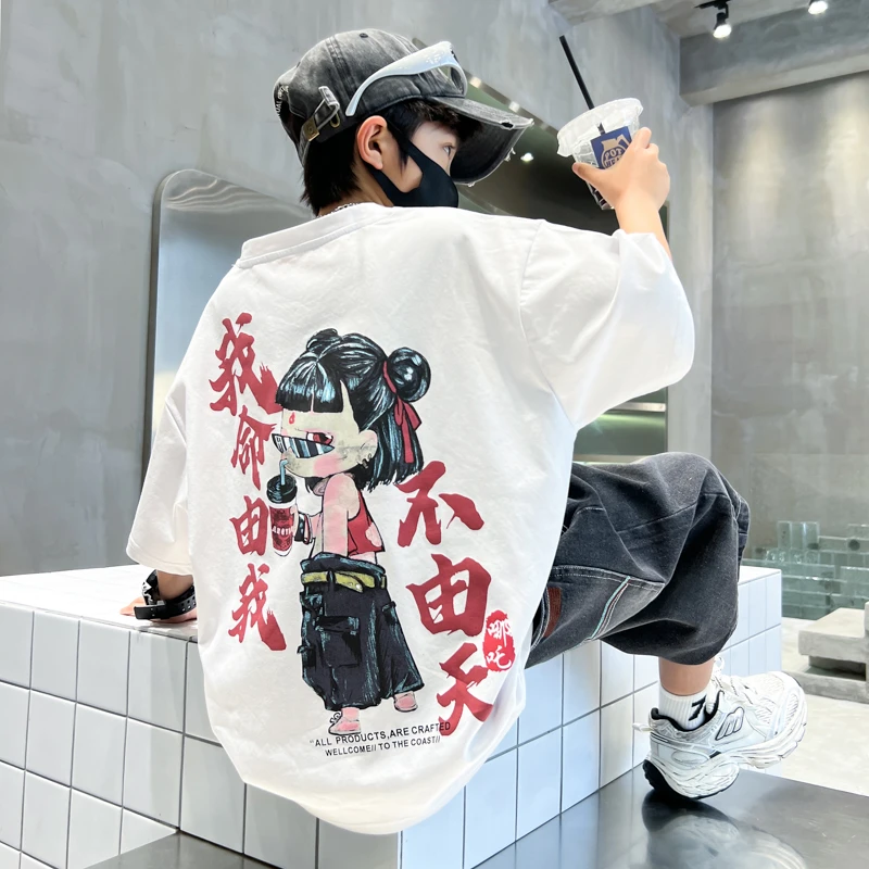 男童国潮哪吒短袖t恤2025新款儿童夏装中大童夏季男孩帅气上衣潮T