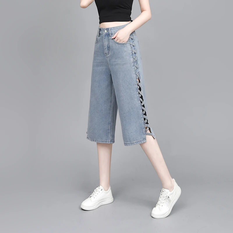 2025年新款高腰直筒牛仔裤女七分薄款牛仔阔腿裤夏款镂空宽松垂感