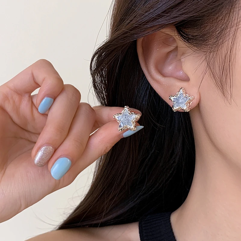 足银仿水晶耳饰 999银针蓝色海星耳钉女小众精致小清新甜美设计感