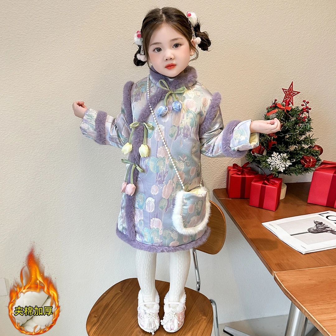女童新年拜年服冬款夹棉加厚国风郁金香宝宝加绒旗袍裙2025连衣裙