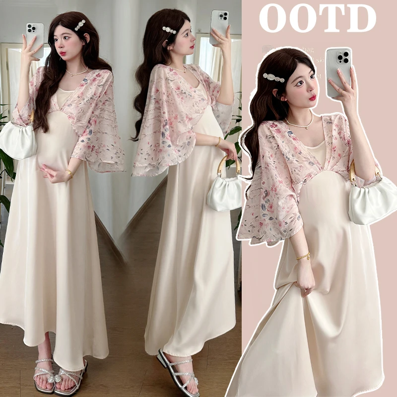 孕妇连衣裙夏季新款时尚气质法式高级感碎花拼接假两件显瘦连衣裙